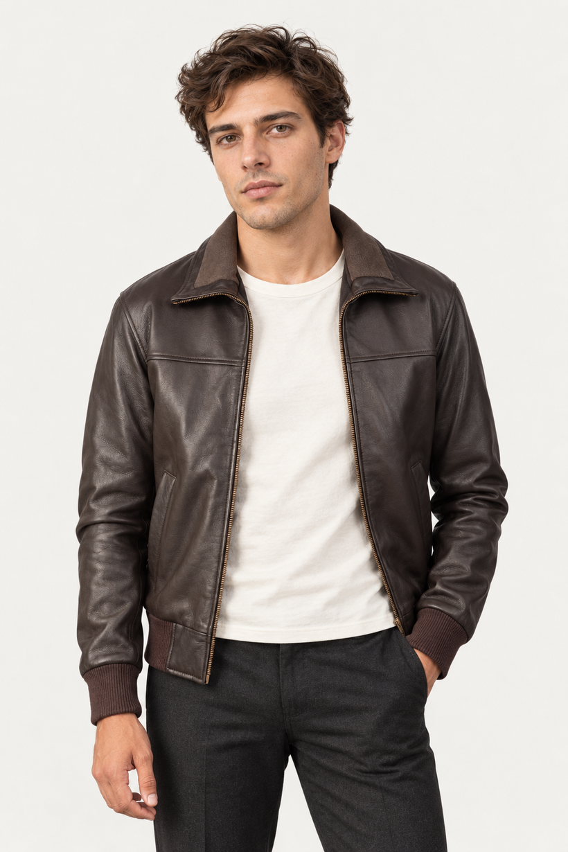 Air Rolf Brown Leather Bomber Jacket