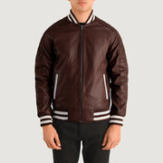 Close-Up Detail of Varsity collar &amp; Zipper Hardware on Pascal Maroon Leather Varsity Jacket