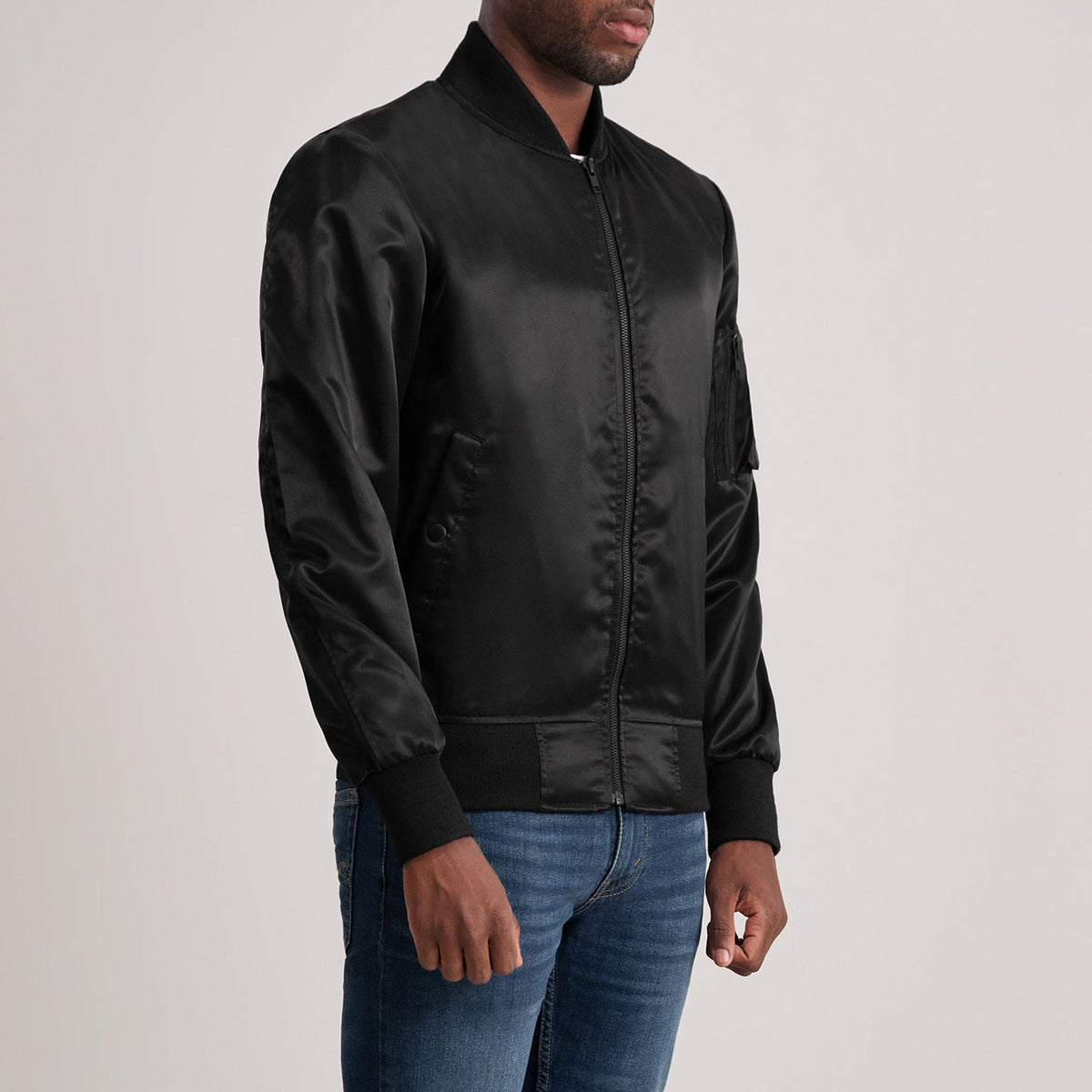 
Black Satin Bomber Jacket - Back View Showing Tailored Shoulder Fit & Clean Hemline