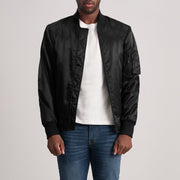 
Quinton MA-1 Black Bomber Jacket - Lateral Side Profile View Showing Sleeve Cut & Athletic Taper Fit