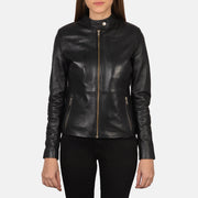 
Zipper & Hem Craftsmanship Construction Detail on Women's Rave Brown Leather Biker Jacket