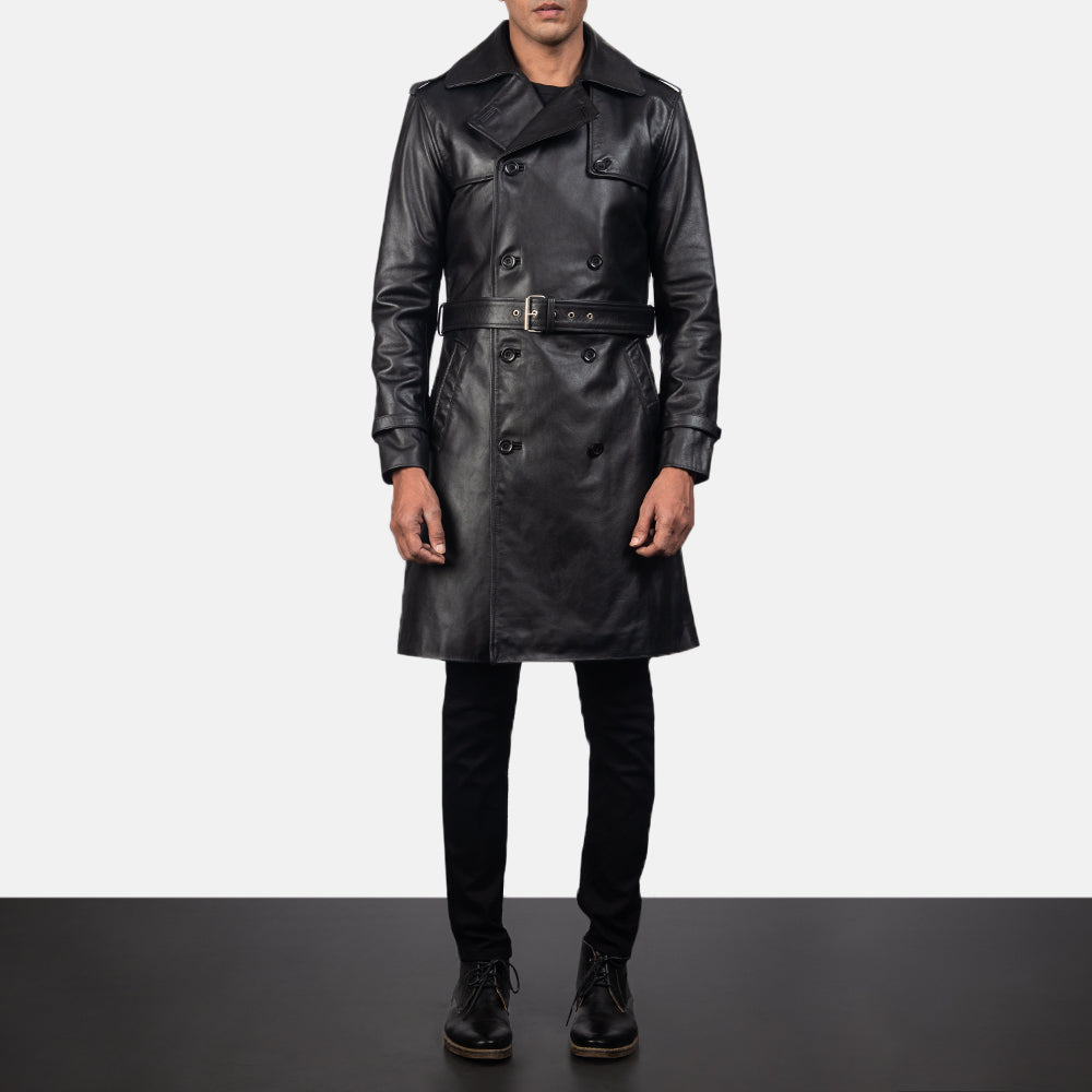 Close-Up Detail of Shirt & Heavy-Duty Zipper Hardware on Men's Royson Black Leather Duster Coat