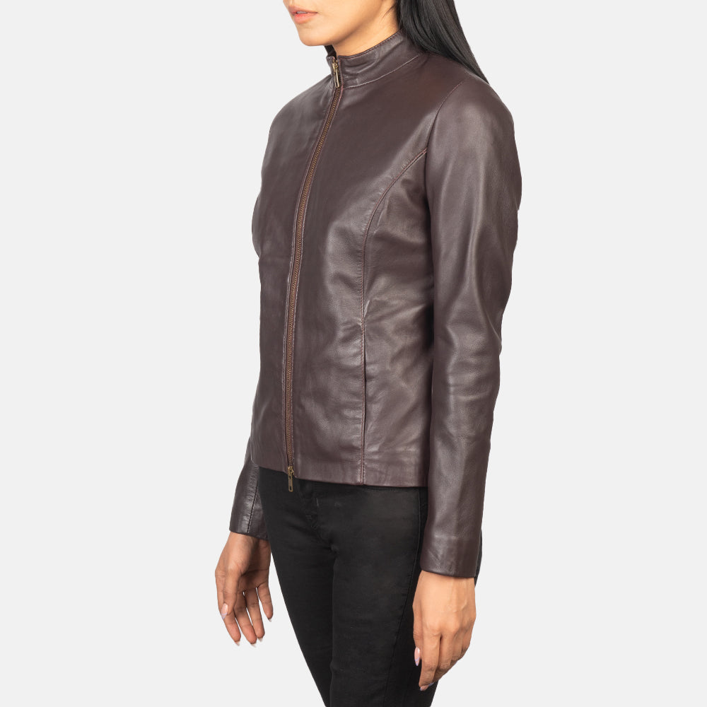 
Maroon Sheepskin Leather Biker Jacket - Back View Showing Tailored Shoulder Fit & Clean Hemline