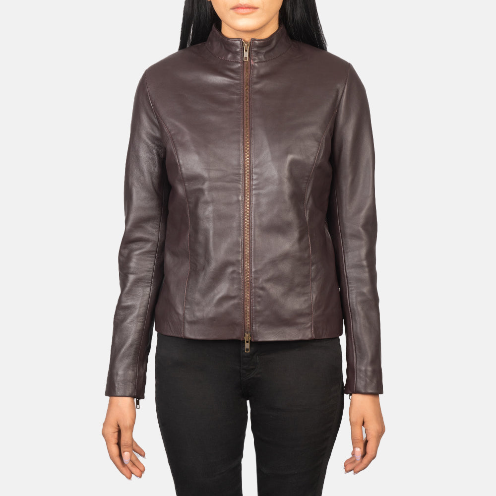 
Close-Up Detail of Mandarin & Zipper with Dual Puller Hardware on Women's Rumella Maroon Leather Biker Jacket
