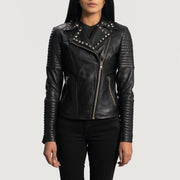 
Women's Sally Mae Studded Black Leather Biker Jacket in Black Sheepskin Leather - Front Profile View & Tailored Silhouette | Buy Online