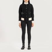 
Women's Sasha A1 Black Suede Bomber Jacket - Lateral Side Profile View Showing Sleeve Cut & Athletic Taper Fit