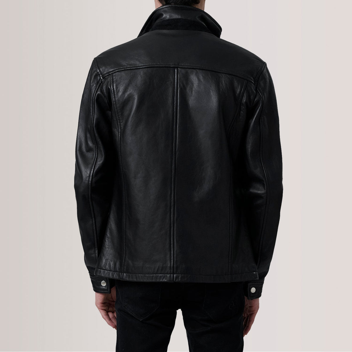 
Close-Up Detail of Shirt & Zipper Hardware on Sean Black Leather Classic Jacket For Men