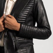 
Women's Selina Black Leather Blazer - Lateral Side Profile View Showing Sleeve Cut & Athletic Taper Fit