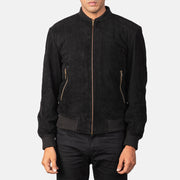 Close-Up Detail of Varsity &amp; Zipper Hardware on Men's Shane Black Suede Bomber Jacket