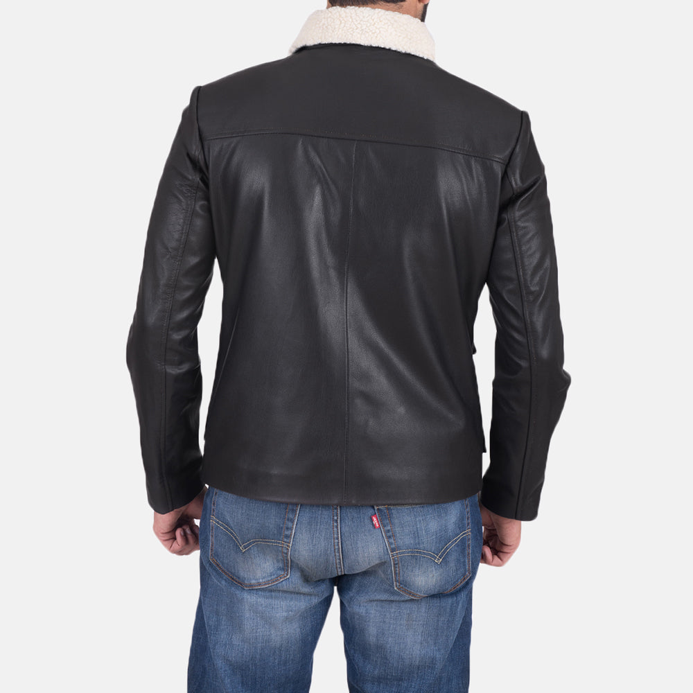 
Men's Snow Cole Black Leather Jacket - Lateral Side Profile View Showing Sleeve Cut & Athletic Taper Fit
