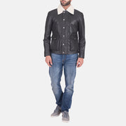 
Close-Up Detail of Shirt style Faux Shearling Collar & Zipper + Button Flap Hardware on Men's Snow Cole Black Leather Jacket