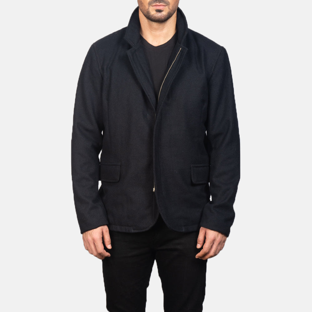 Close-Up Detail of Nehru & Zipper with Dual Puller Hardware on Men's Thomas Black Wool Jacket