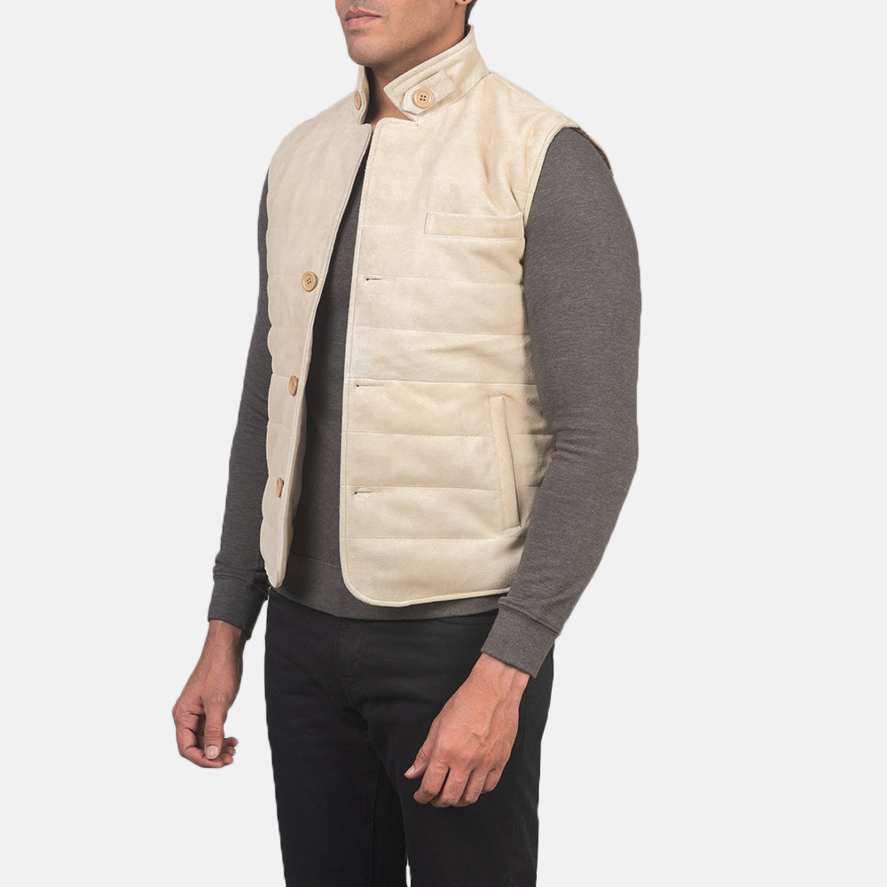 Off-White Goatskin Suede Leather Vest - Back View Showing Tailored Shoulder Fit & Clean Hemline