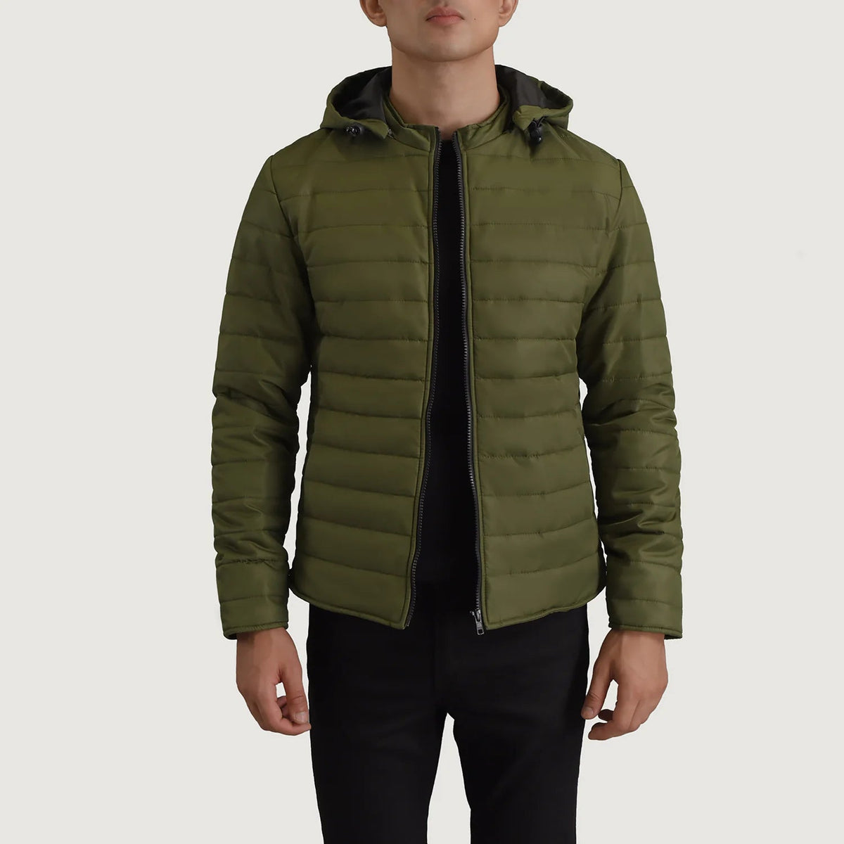 
Tyler Green Hooded Puffer Jacket in Green Full-Grain Leather - Front Profile View & Tailored Silhouette | Buy Online