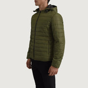 
Green Full-Grain Leather Hooded Jacket - Back View Showing Tailored Shoulder Fit & Clean Hemline