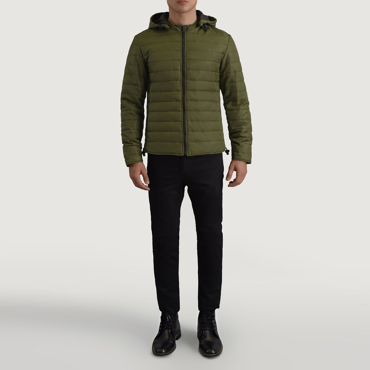 
Tyler Green Hooded Puffer Jacket - Lateral Side Profile View Showing Sleeve Cut & Athletic Taper Fit