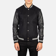 Close-Up Detail of Varsity &amp; Snap Buttons Hardware on Men's Vaxton Black Striped Hybrid Varsity Jacket