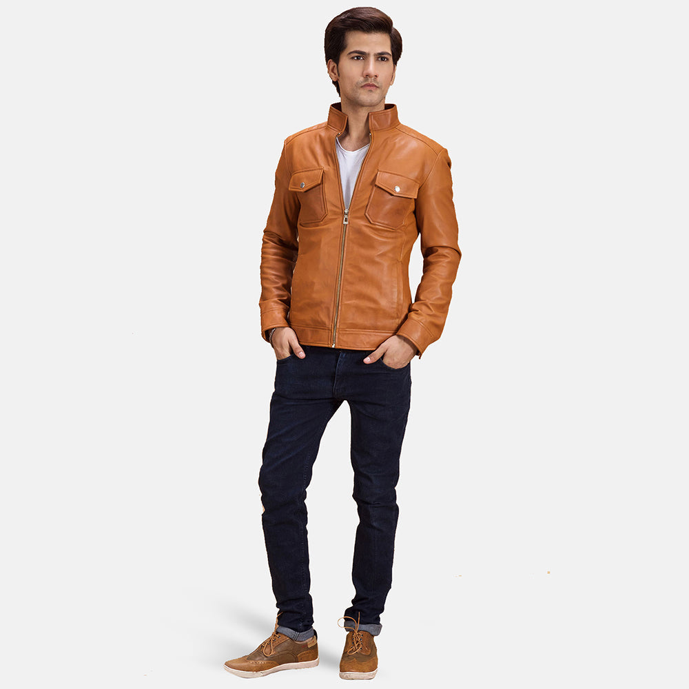 Voltex Tan Leather Biker Jacket - Lateral Side Profile View Showing Sleeve Cut &amp; Athletic Taper Fit
