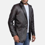 Close-Up Detail of Notch &amp; Button Hardware on Men's Wine Black Leather Blazer