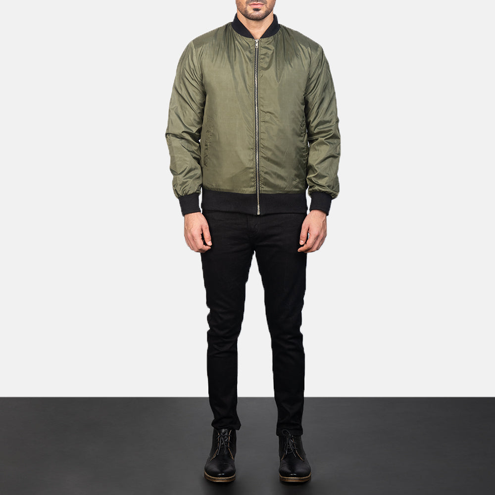 
Men's Zack Green Bomber Jacket - Lateral Side Profile View Showing Sleeve Cut & Athletic Taper Fit