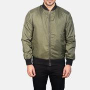 
Close-Up Detail of Varsity & Zipper Hardware on Men's Zack Green Bomber Jacket