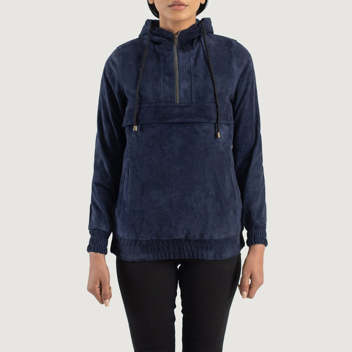 
Zest Blue Hooded Suede Pullover Jacket in Blue Sheepskin Suede - Front Profile View & Tailored Silhouette | Buy Online